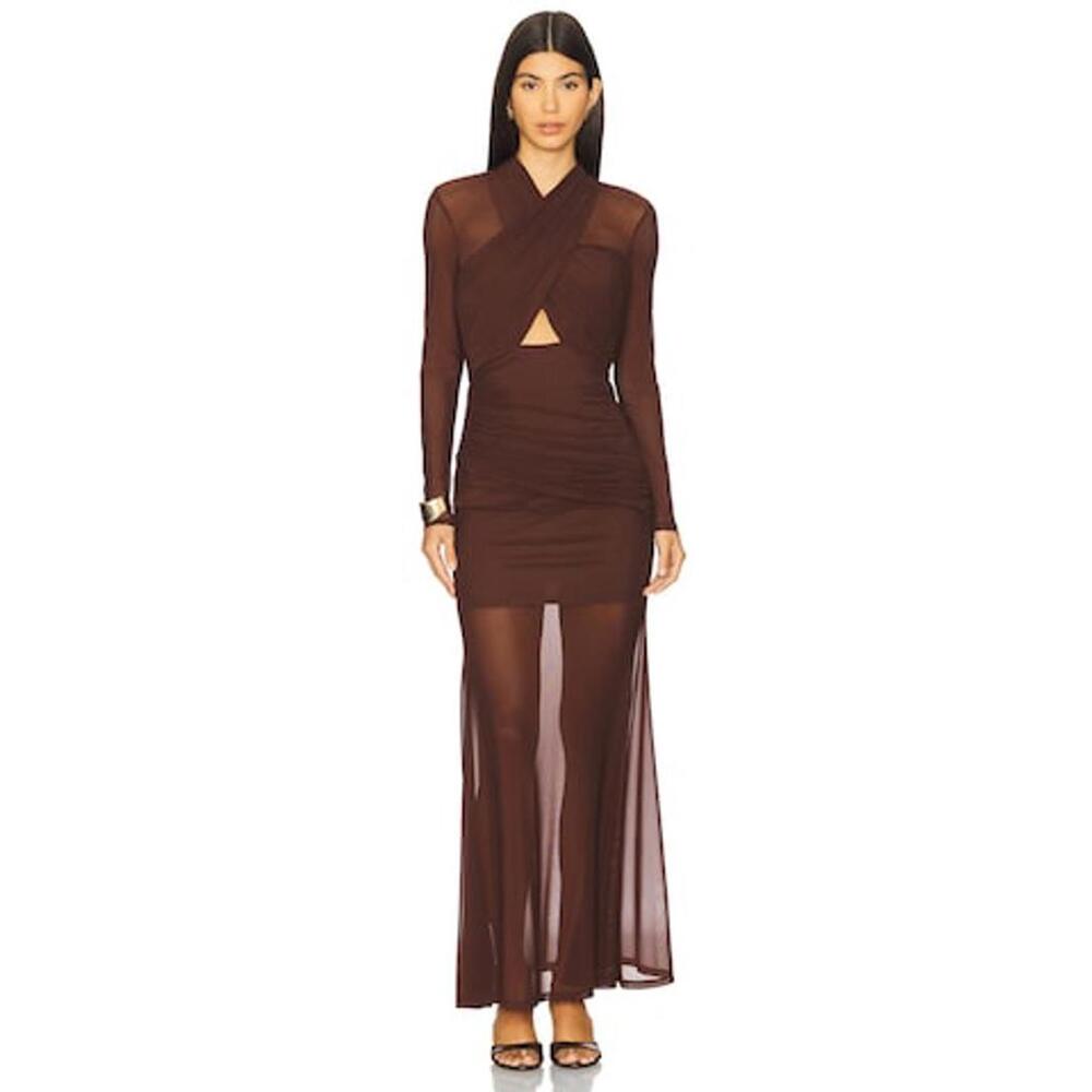 Bardot Veria Wrap Mesh Maxi Dress in Chocolate